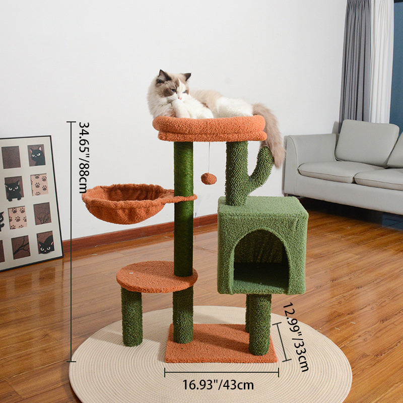 Arbre à chat contemporain carré créatif en panneau de particules, tissu velours, jute vert, cactus, 3 niveaux pour salon 