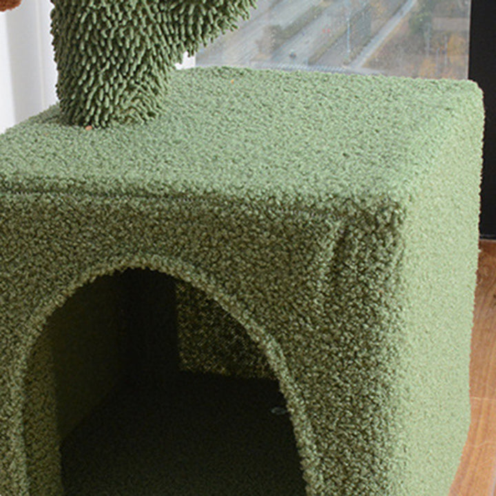 Arbre à chat contemporain carré créatif en panneau de particules, tissu velours, jute vert, cactus, 3 niveaux pour salon 