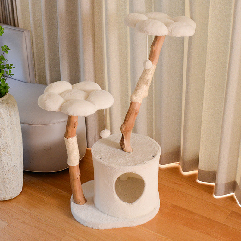 Zeitgenössischer skandinavischer runder natürlicher Fruchtholz-Spanplatten-Samtstoff-Sisal-Kratzbaum 3-stufig für das Wohnzimmer 