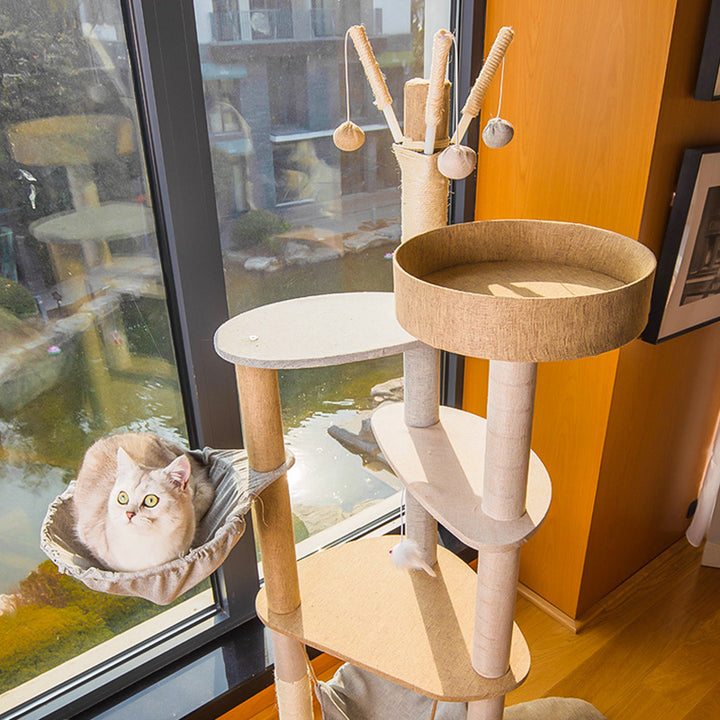 Contemporary Creative Round Particle Board Faux Linen Sisal Cat Tree 3/4-Tier For Living Room