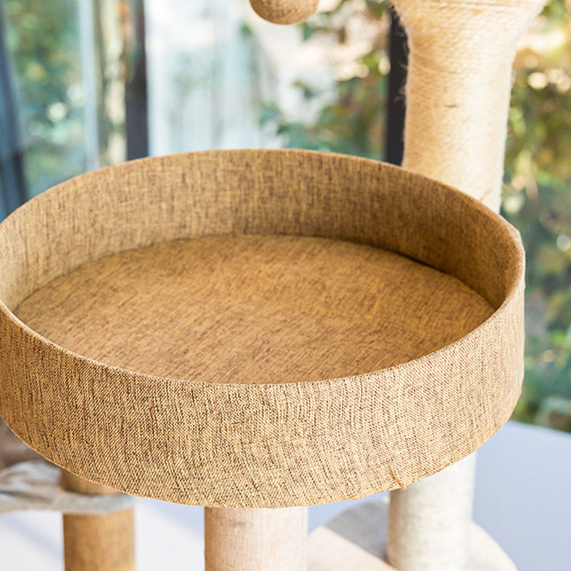 Contemporary Creative Round Particle Board Faux Linen Sisal Cat Tree 3/4-Tier For Living Room