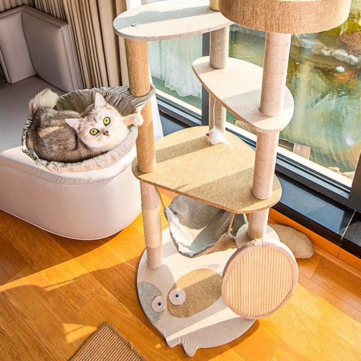 Contemporary Creative Round Particle Board Faux Linen Sisal Cat Tree 3/4-Tier For Living Room