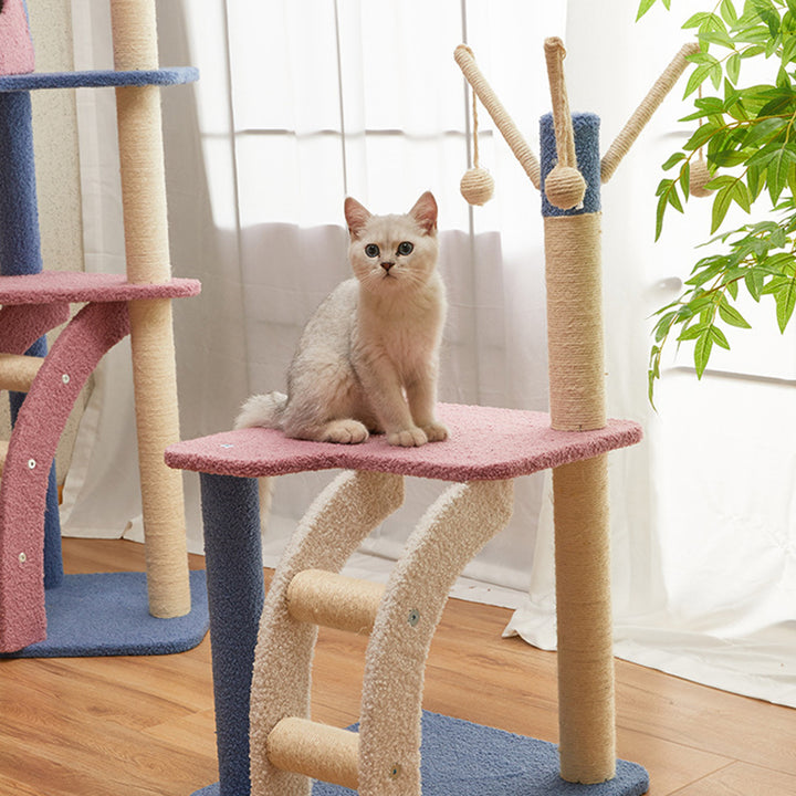 Contemporary Creative Square Particle Board Velvet Fabric Jute Rope Cat Tree 2/3-Tier For Living Room