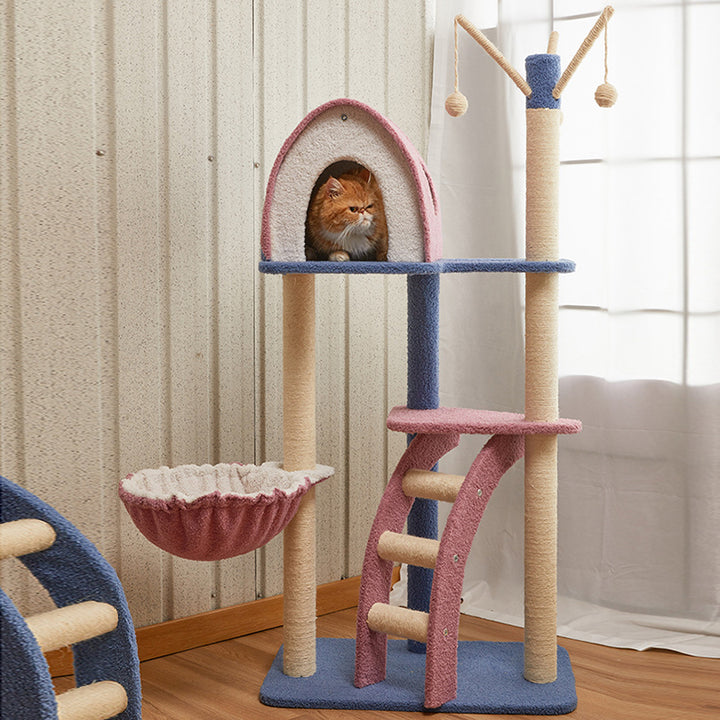 Contemporary Creative Square Particle Board Velvet Fabric Jute Rope Cat Tree 2/3-Tier For Living Room