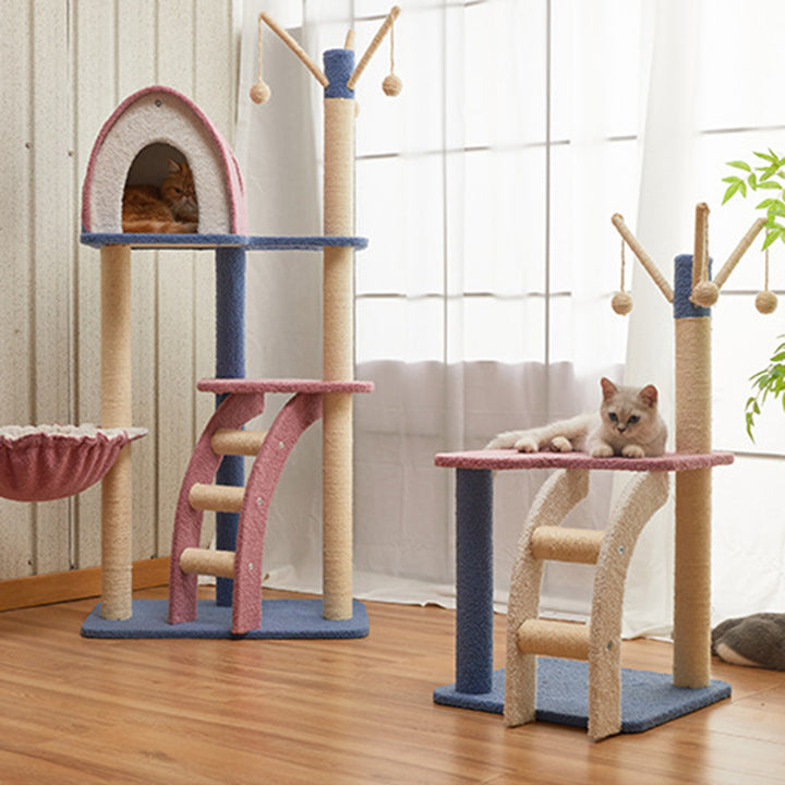 Contemporary Creative Square Particle Board Velvet Fabric Jute Rope Cat Tree 2/3-Tier For Living Room