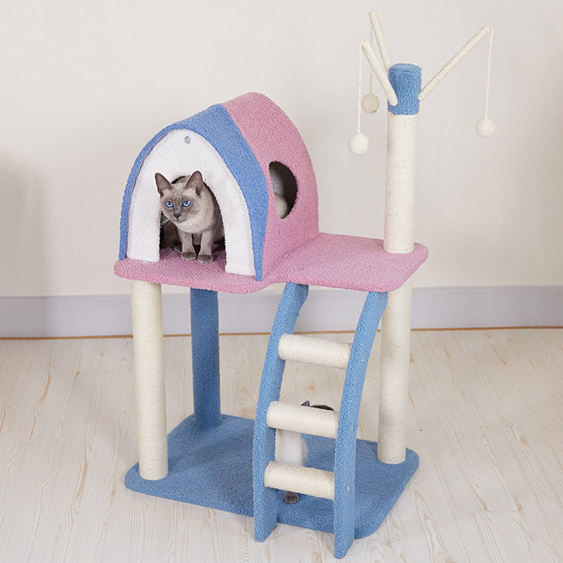 Contemporary Creative Square Particle Board Velvet Fabric Jute Rope Cat Tree 2/3-Tier For Living Room