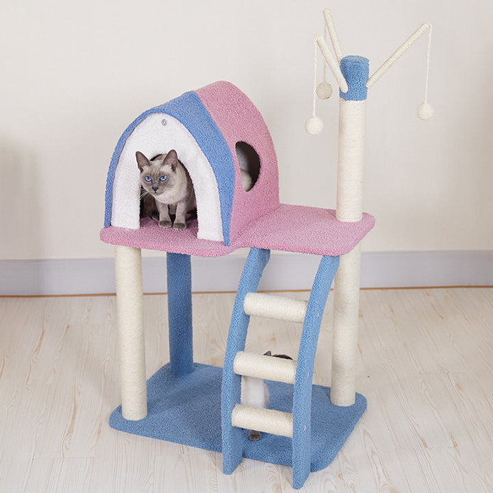 Contemporary Creative Square Particle Board Velvet Fabric Jute Rope Cat Tree 2/3-Tier For Living Room