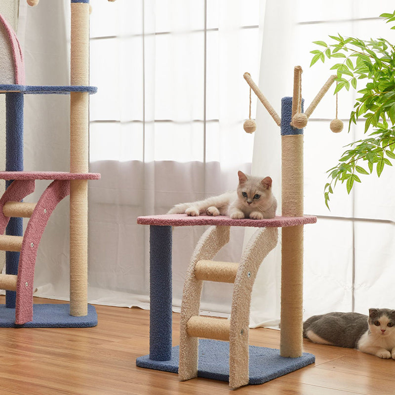 Contemporary Creative Square Particle Board Velvet Fabric Jute Rope Cat Tree 2/3-Tier For Living Room