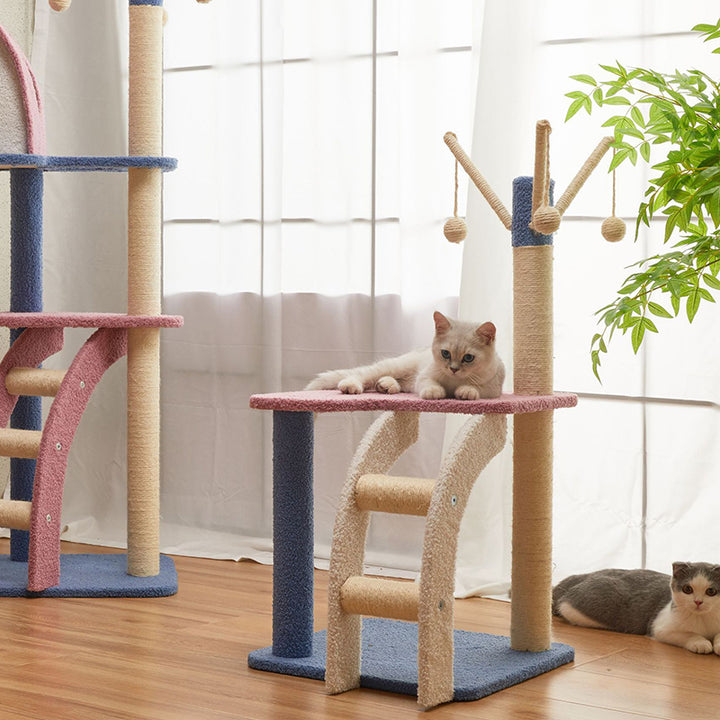 Contemporary Creative Square Particle Board Velvet Fabric Jute Rope Cat Tree 2/3-Tier For Living Room