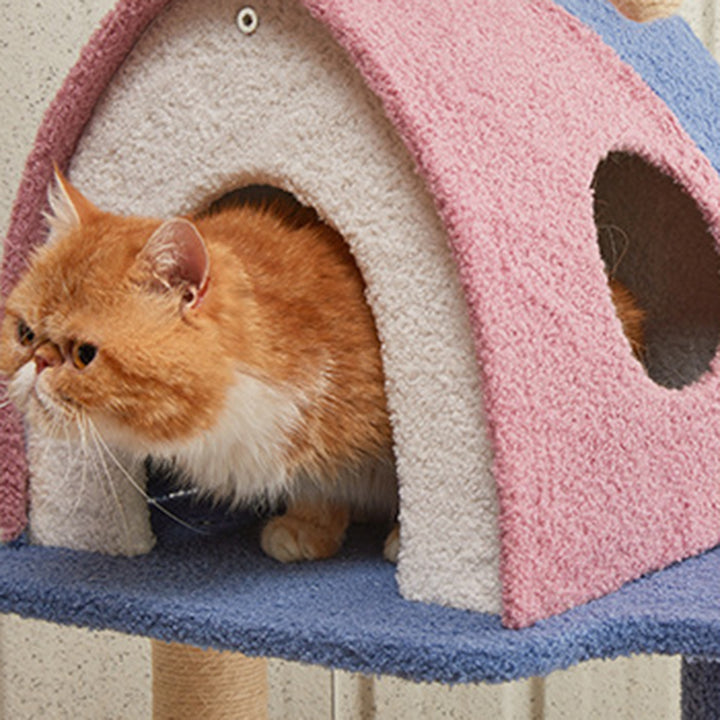 Contemporary Creative Square Particle Board Velvet Fabric Jute Rope Cat Tree 2/3-Tier For Living Room