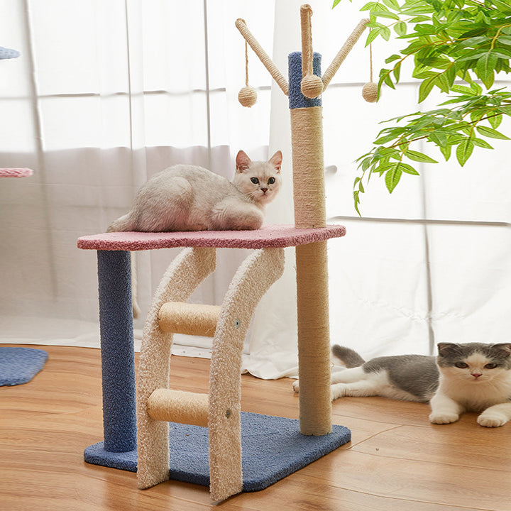 Contemporary Creative Square Particle Board Velvet Fabric Jute Rope Cat Tree 2/3-Tier For Living Room
