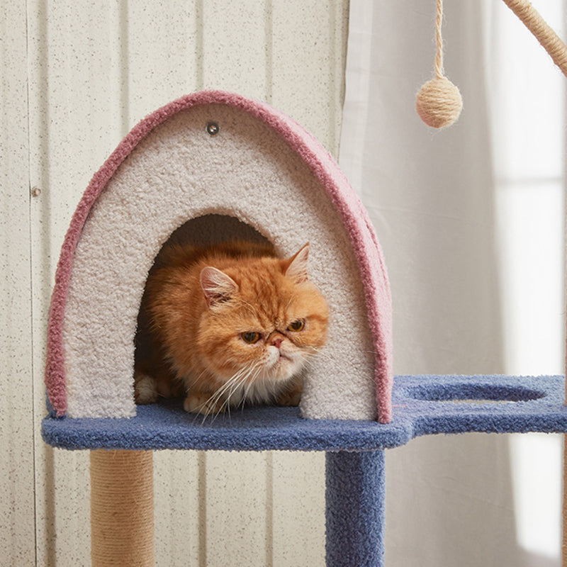 Contemporary Creative Square Particle Board Velvet Fabric Jute Rope Cat Tree 2/3-Tier For Living Room
