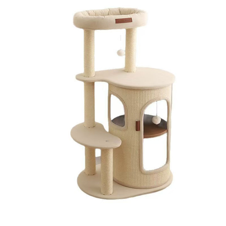 Contemporary Scandinavian Round Particle Board Sisal Linen Cotton Fabric Cat Tree 4-Tier For Living Room