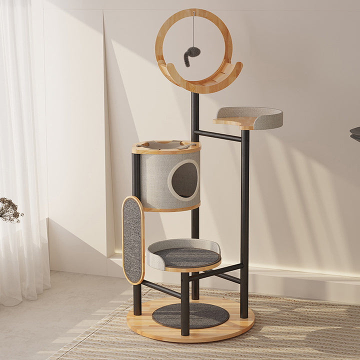 Moderner minimalistischer runder Gummibaum Massivholz Kohlenstoffstahl Katzenbaum 5-stufig für Wohnzimmer 