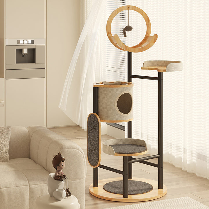 Moderner minimalistischer runder Gummibaum Massivholz Kohlenstoffstahl Katzenbaum 5-stufig für Wohnzimmer 