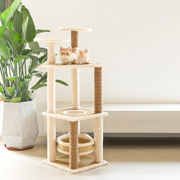 Zeitgenössischer skandinavischer quadratischer Spanplattenstoff Jute Rattan Mat Katzenbaum 3/4/5-stufig für das Wohnzimmer 