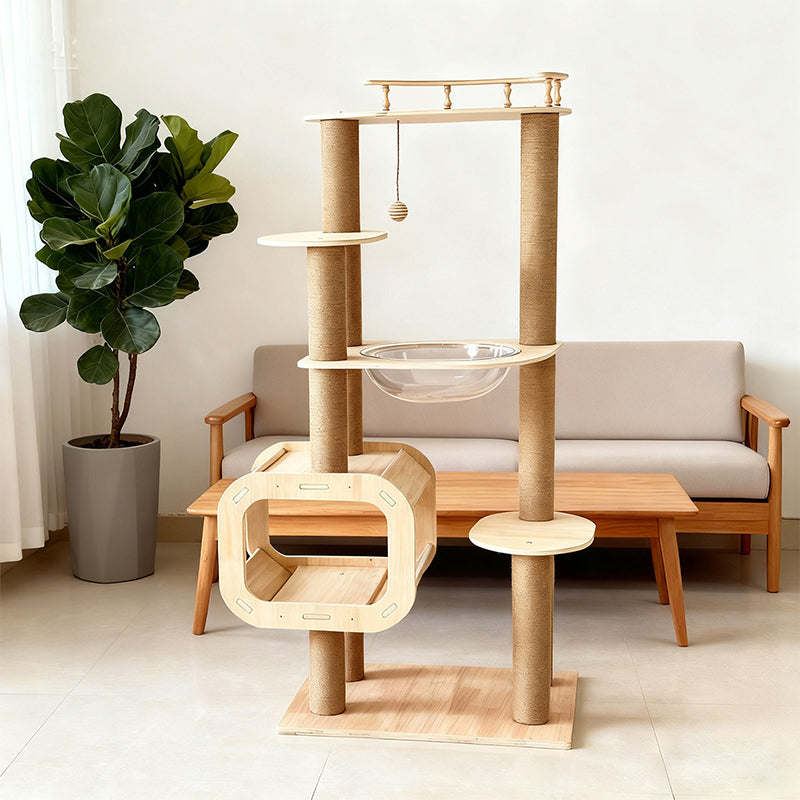 Arbre à chat contemporain scandinave rectangulaire à plusieurs niveaux en panneau de bois massif, corde de jute et acrylique, 5 niveaux pour salon 