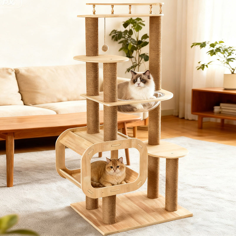 Arbre à chat contemporain scandinave rectangulaire à plusieurs niveaux en panneau de bois massif, corde de jute et acrylique, 5 niveaux pour salon 