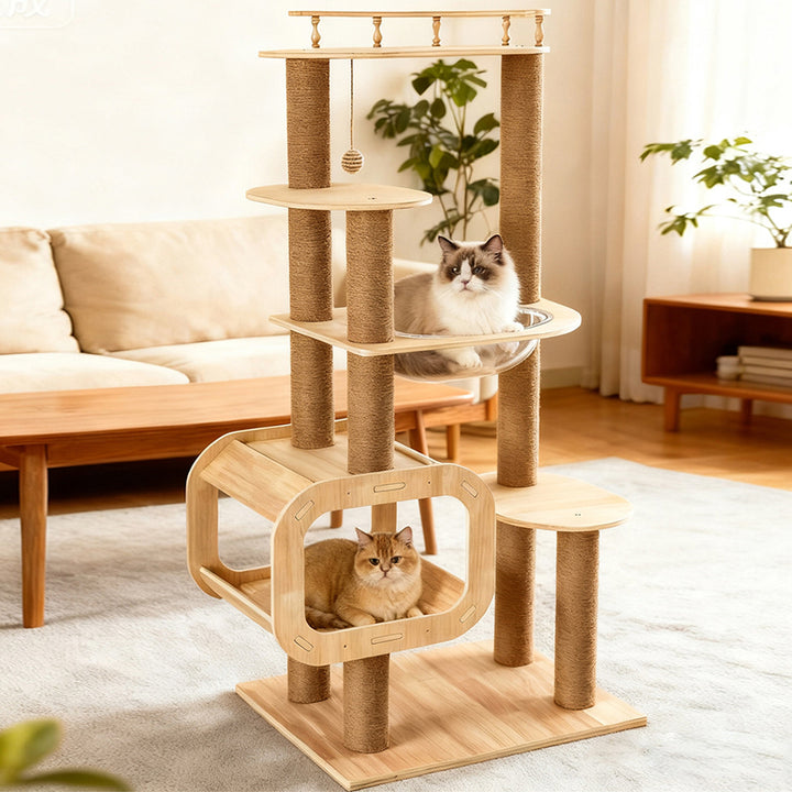 Arbre à chat contemporain scandinave rectangulaire à plusieurs niveaux en panneau de bois massif, corde de jute et acrylique, 5 niveaux pour salon 