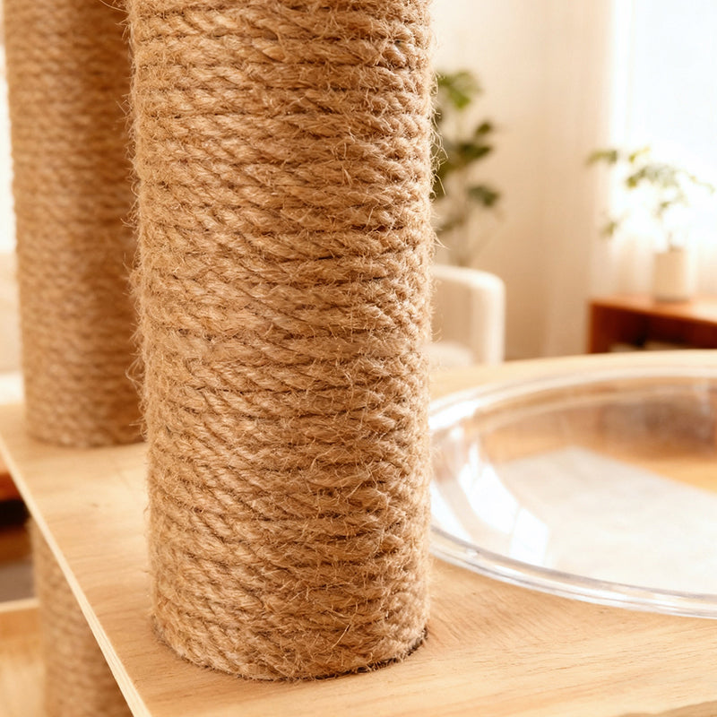 Arbre à chat contemporain scandinave rectangulaire à plusieurs niveaux en panneau de bois massif, corde de jute et acrylique, 5 niveaux pour salon 