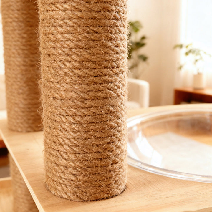 Arbre à chat contemporain scandinave rectangulaire à plusieurs niveaux en panneau de bois massif, corde de jute et acrylique, 5 niveaux pour salon 
