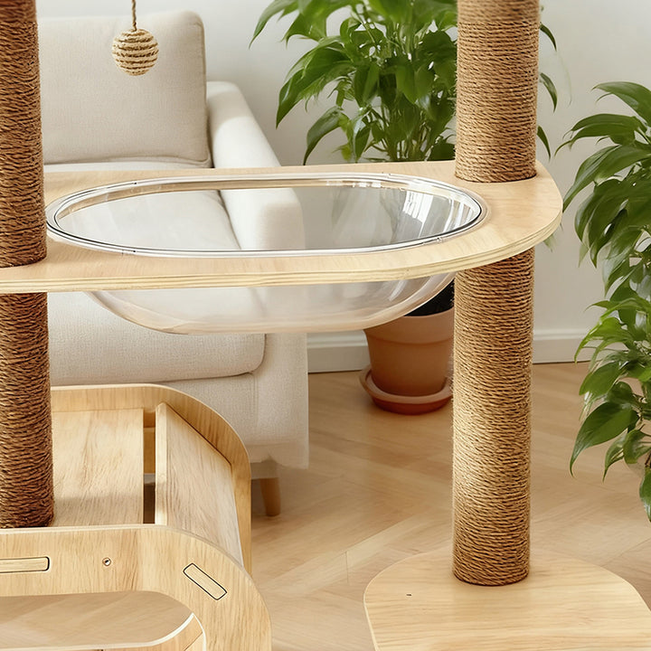Arbre à chat contemporain scandinave rectangulaire à plusieurs niveaux en panneau de bois massif, corde de jute et acrylique, 5 niveaux pour salon 