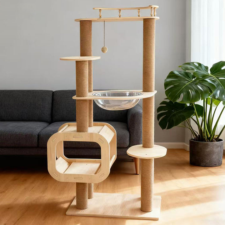 Arbre à chat contemporain scandinave rectangulaire à plusieurs niveaux en panneau de bois massif, corde de jute et acrylique, 5 niveaux pour salon 