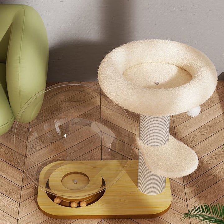 Arbre à chat contemporain de style scandinave en pin rond avec panneau, sisal et tissu velours pour salon 
