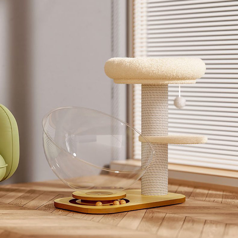 Arbre à chat contemporain de style scandinave en pin rond avec panneau, sisal et tissu velours pour salon 