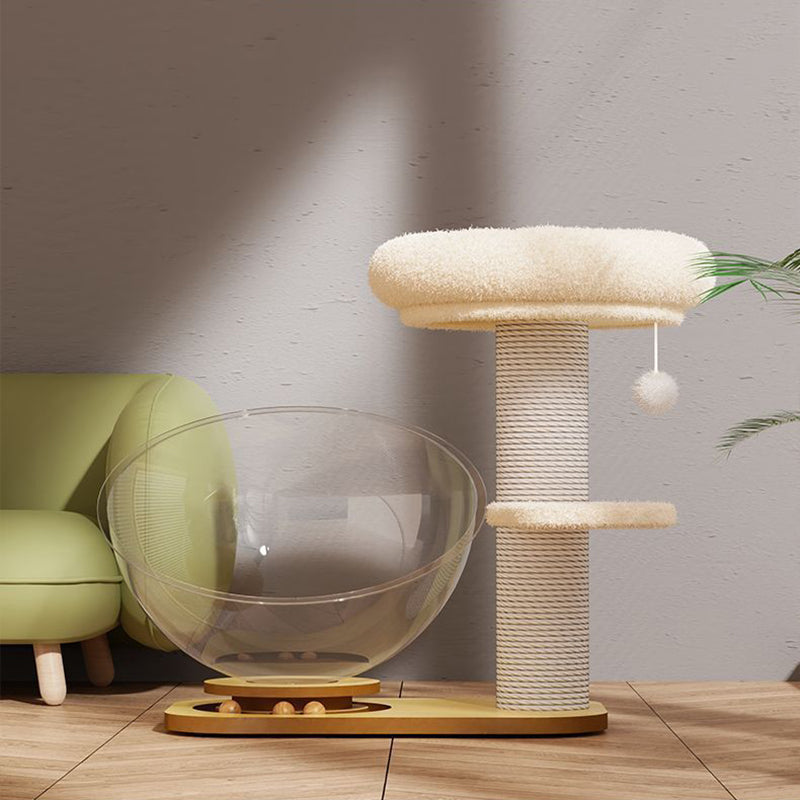 Arbre à chat contemporain de style scandinave en pin rond avec panneau, sisal et tissu velours pour salon 