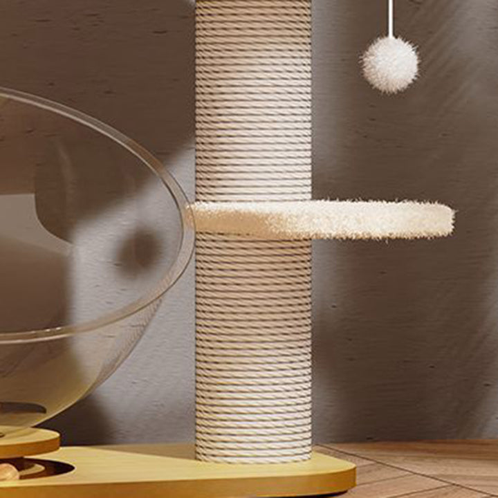 Arbre à chat contemporain de style scandinave en pin rond avec panneau, sisal et tissu velours pour salon 