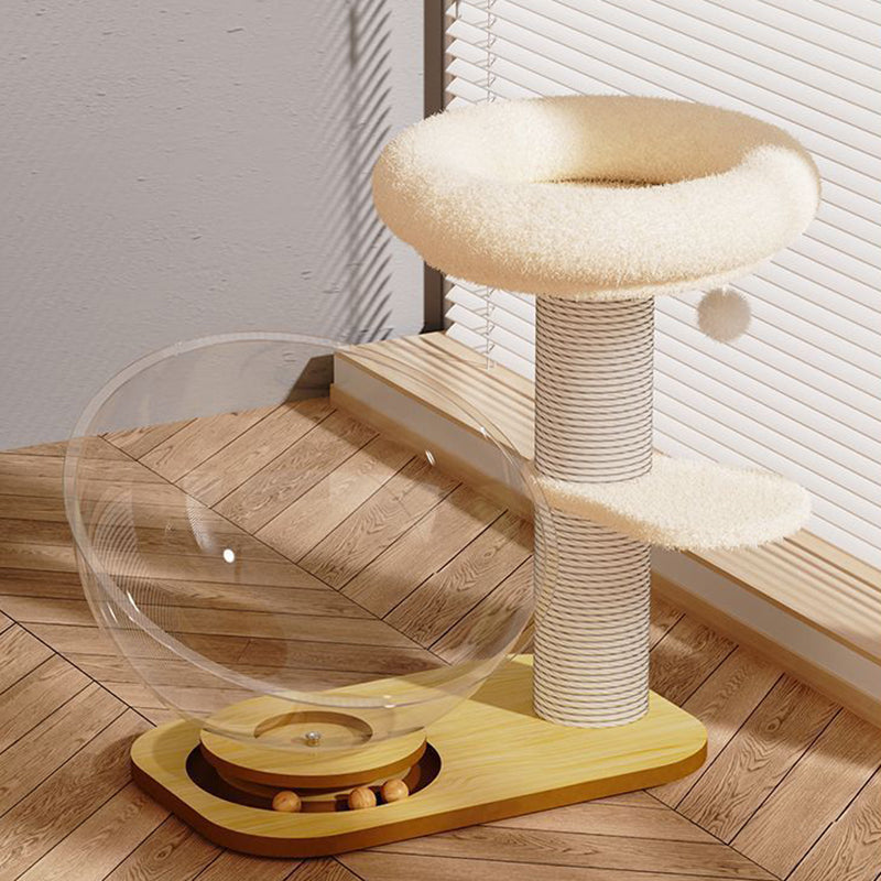 Arbre à chat contemporain de style scandinave en pin rond avec panneau, sisal et tissu velours pour salon 