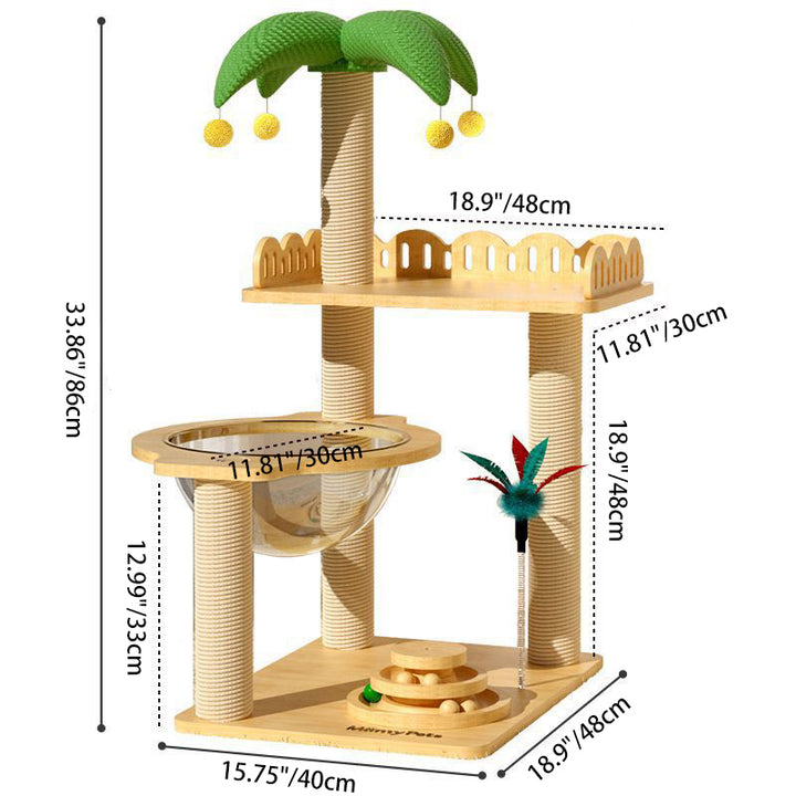 Contemporary Creative Square Medium-Density Fiberboard Sisal Velvet Fabric Coconut Tree-Shaped Cat Tree 3-Tier For Living Room