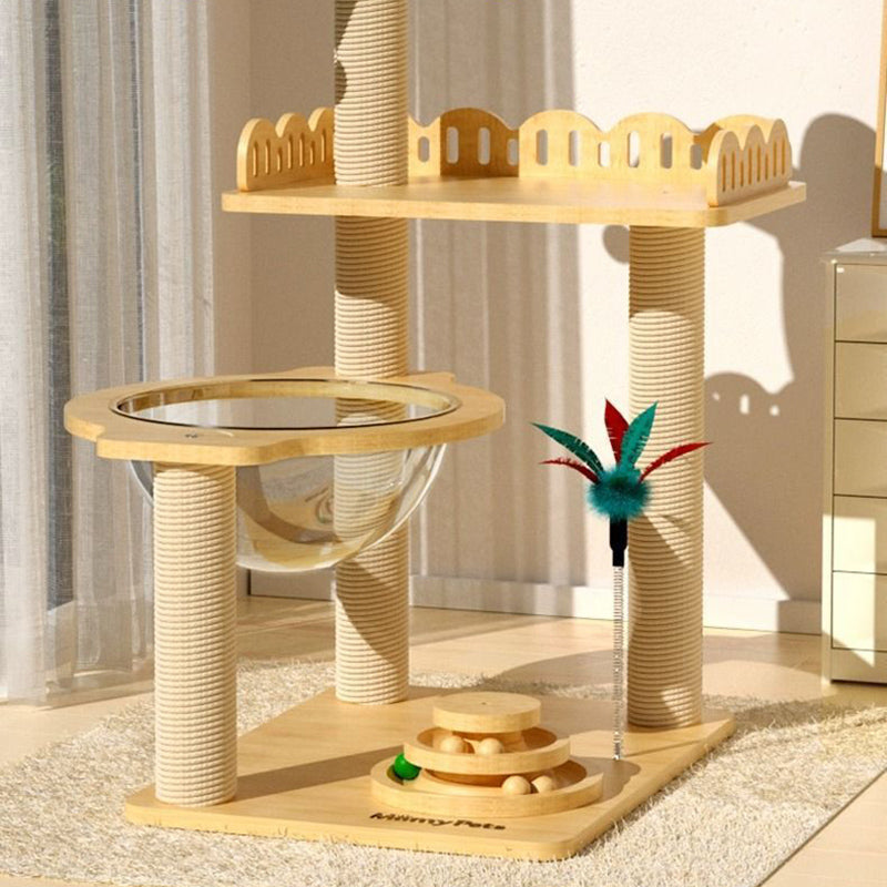 Contemporary Creative Square Medium-Density Fiberboard Sisal Velvet Fabric Coconut Tree-Shaped Cat Tree 3-Tier For Living Room