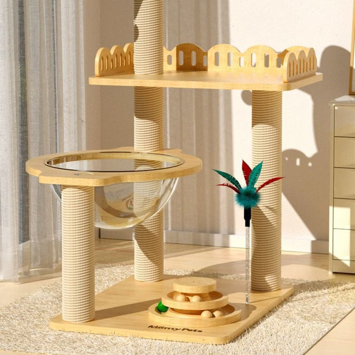 Contemporary Creative Square Medium-Density Fiberboard Sisal Velvet Fabric Coconut Tree-Shaped Cat Tree 3-Tier For Living Room