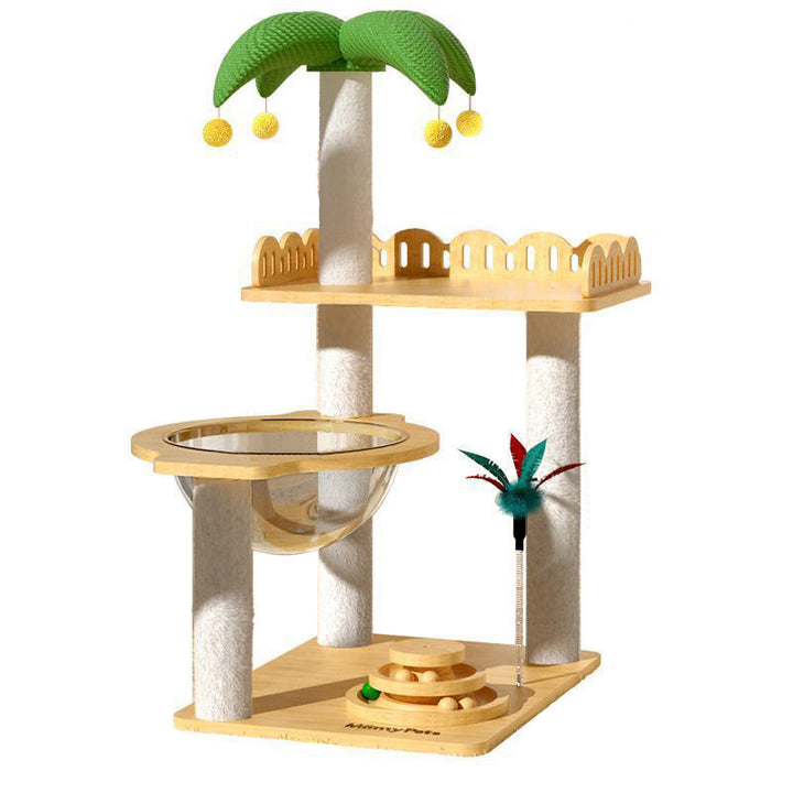 Contemporary Creative Square Medium-Density Fiberboard Sisal Velvet Fabric Coconut Tree-Shaped Cat Tree 3-Tier For Living Room