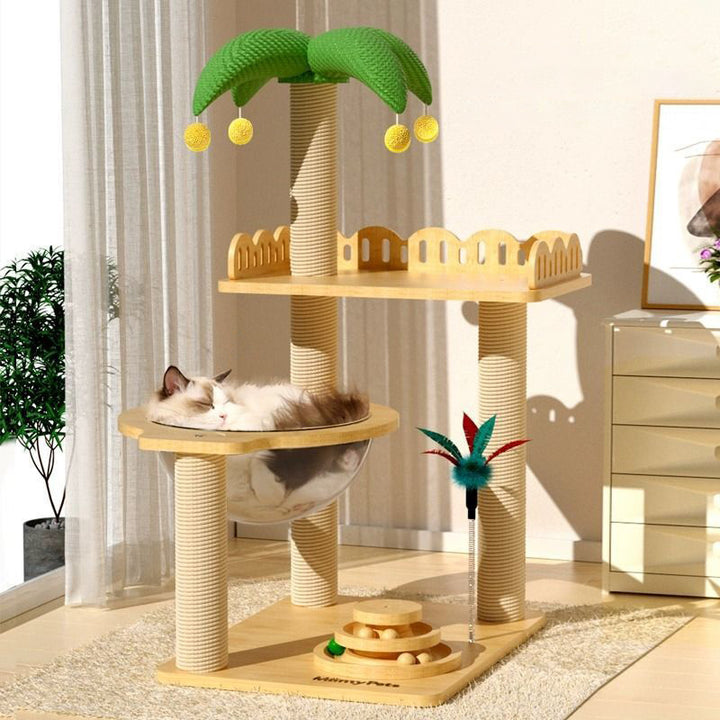 Contemporary Creative Square Medium-Density Fiberboard Sisal Velvet Fabric Coconut Tree-Shaped Cat Tree 3-Tier For Living Room