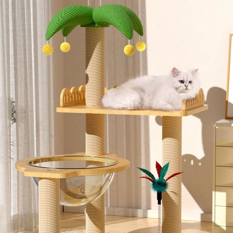 Contemporary Creative Square Medium-Density Fiberboard Sisal Velvet Fabric Coconut Tree-Shaped Cat Tree 3-Tier For Living Room