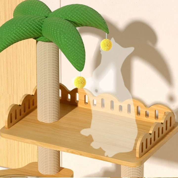 Contemporary Creative Square Medium-Density Fiberboard Sisal Velvet Fabric Coconut Tree-Shaped Cat Tree 3-Tier For Living Room