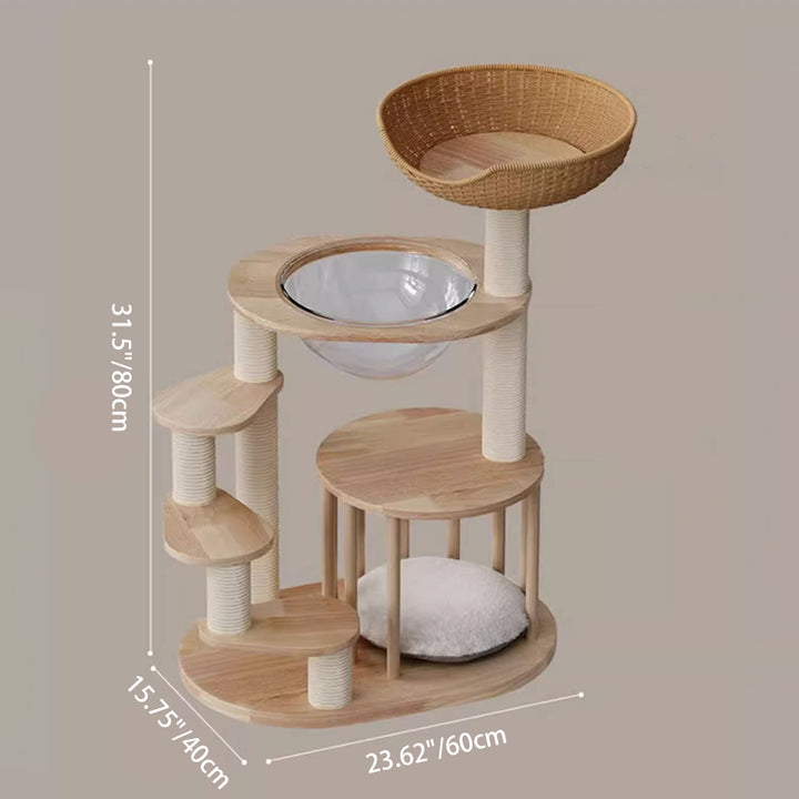 Árbol para gatos contemporáneo escandinavo de madera maciza de caucho redonda acrílica con cuerda de papel kraft de 4 niveles para sala de estar 