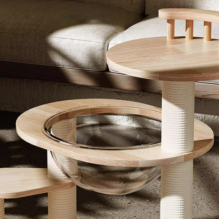 Contemporary Scandinavian Round Rubberwood Solid Wood Acrylic Kraft Paper Rope Cat Tree 4-Tier For Living Room