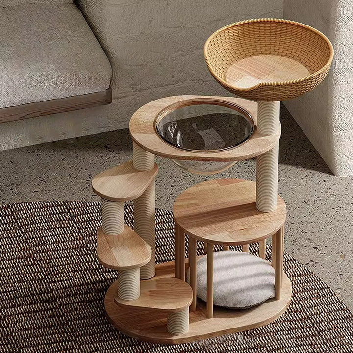 Árbol para gatos contemporáneo escandinavo de madera maciza de caucho redonda acrílica con cuerda de papel kraft de 4 niveles para sala de estar 