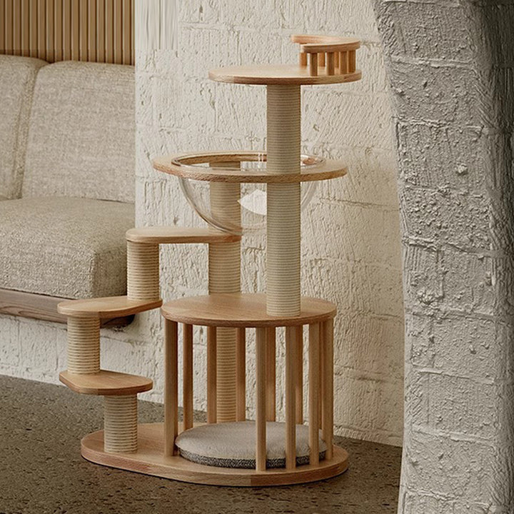 Árbol para gatos contemporáneo escandinavo de madera maciza de caucho redonda acrílica con cuerda de papel kraft de 4 niveles para sala de estar 