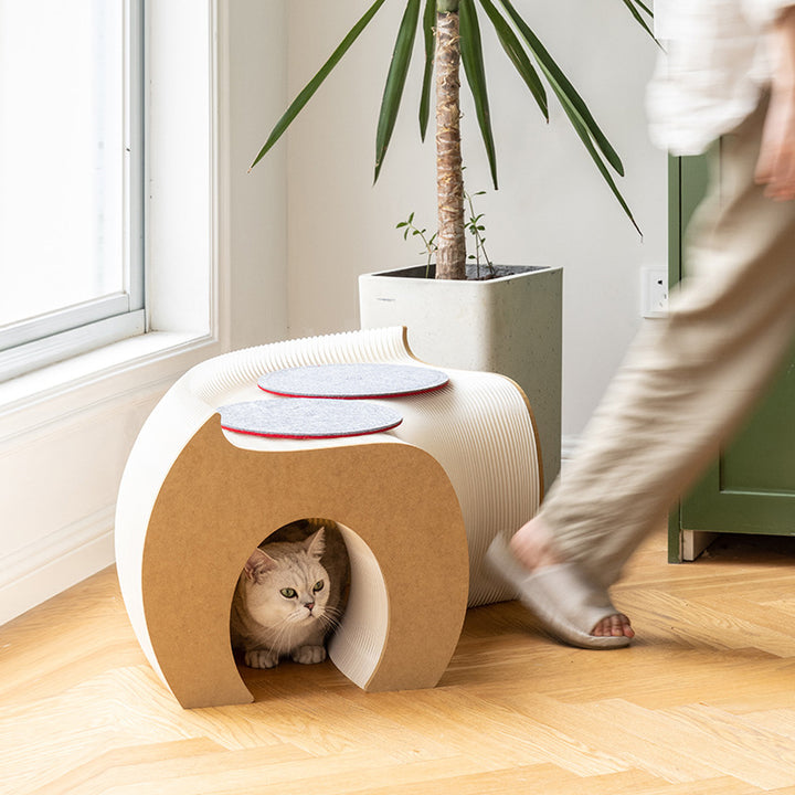 Modern Art Deco Round Kraft Paper MDF Felt Cat Tunnel Foldable Cat Bed For Bedroom