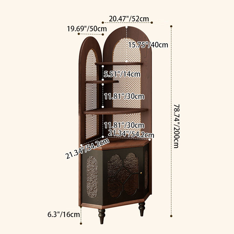 Traditional French Rectangular Ash Wood Glass Corner Cabinet 4-Tier 1-Cabinet For Living Room &amp; Bedroom
