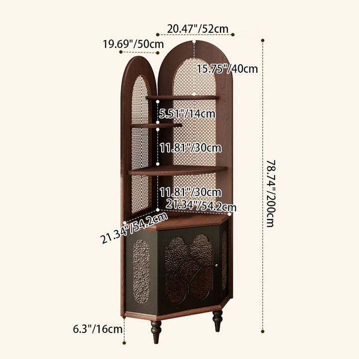 Traditional French Rectangular Ash Wood Glass Corner Cabinet 4-Tier 1-Cabinet For Living Room & Bedroom