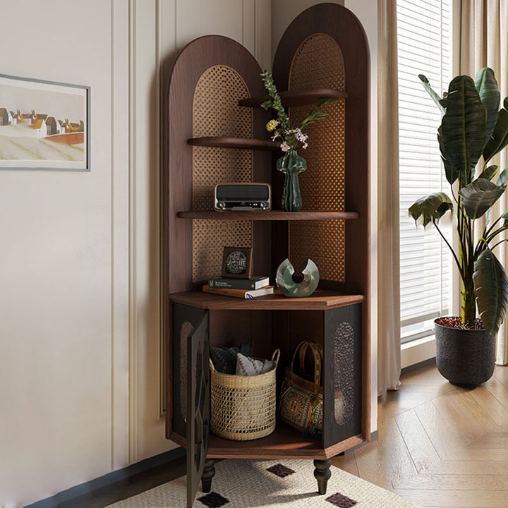 Traditional French Rectangular Ash Wood Glass Corner Cabinet 4-Tier 1-Cabinet For Living Room &amp; Bedroom