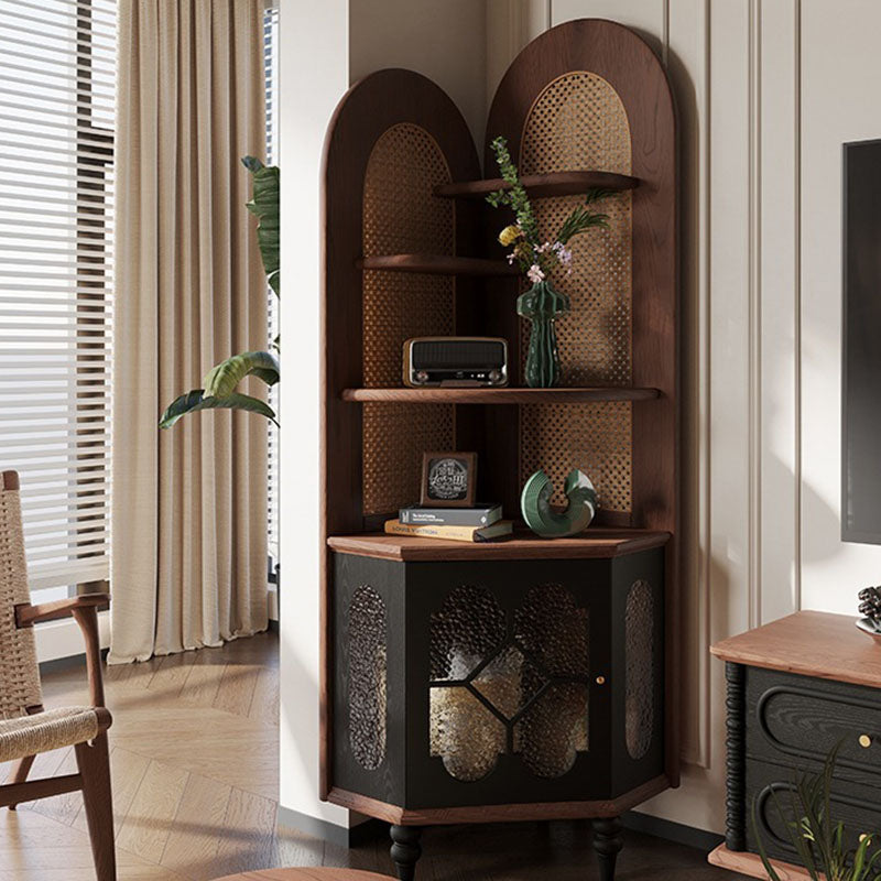 Traditional French Rectangular Ash Wood Glass Corner Cabinet 4-Tier 1-Cabinet For Living Room &amp; Bedroom