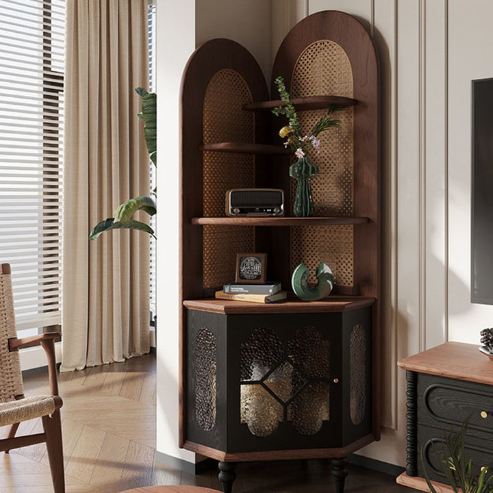 Traditional French Rectangular Ash Wood Glass Corner Cabinet 4-Tier 1-Cabinet For Living Room & Bedroom