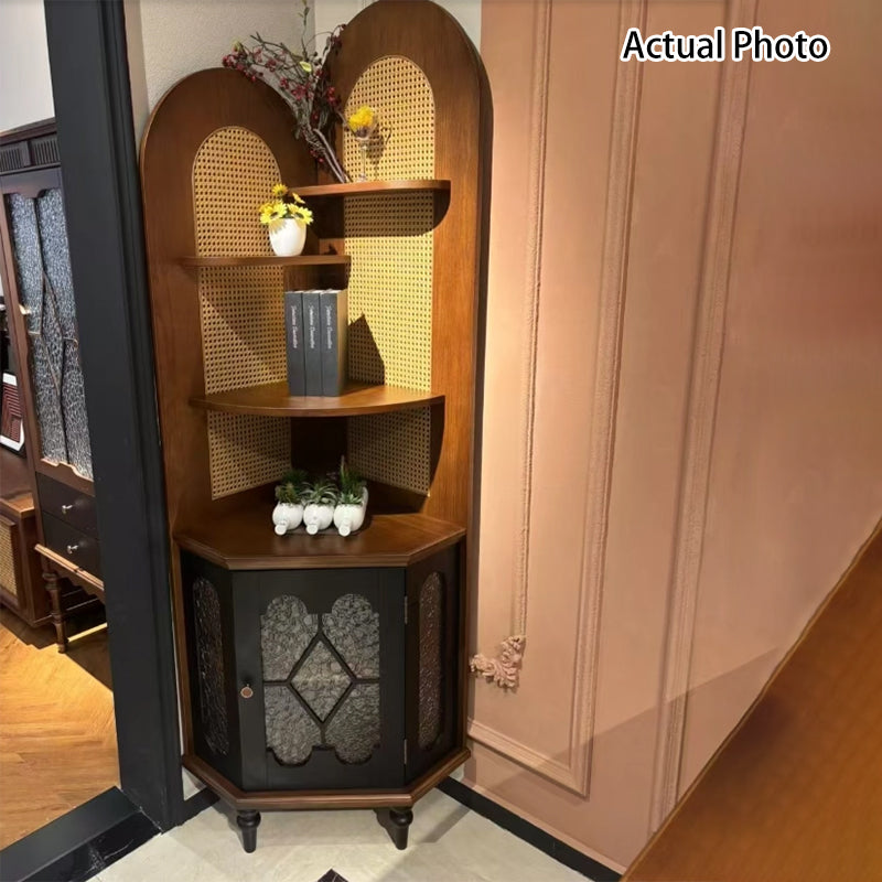 Traditional French Rectangular Ash Wood Glass Corner Cabinet 4-Tier 1-Cabinet For Living Room &amp; Bedroom